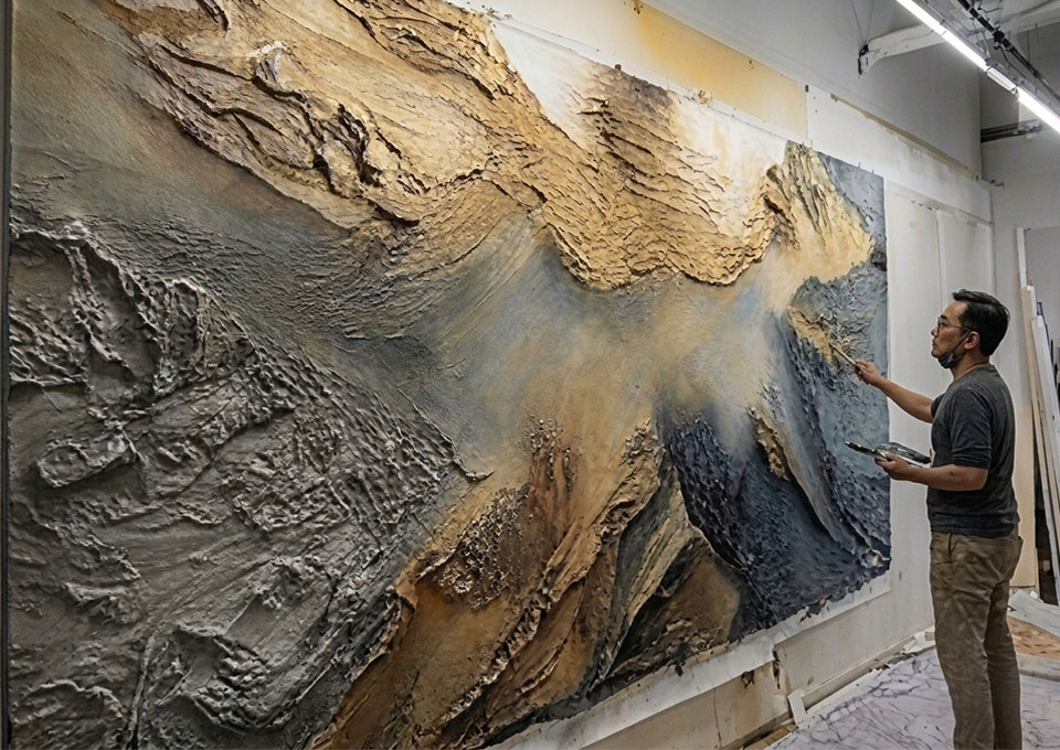 Hospitality Art Projects 4 Professional male artist adding thick impasto textures and gold foil details to a grand-scale 3D rock structure landscape mural.