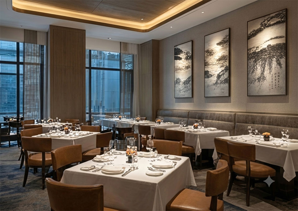 Hospitality Art Projects 3 Upscale restaurant dining room decorated with a custom triptych of contemporary monochrome ink landscape oil paintings.