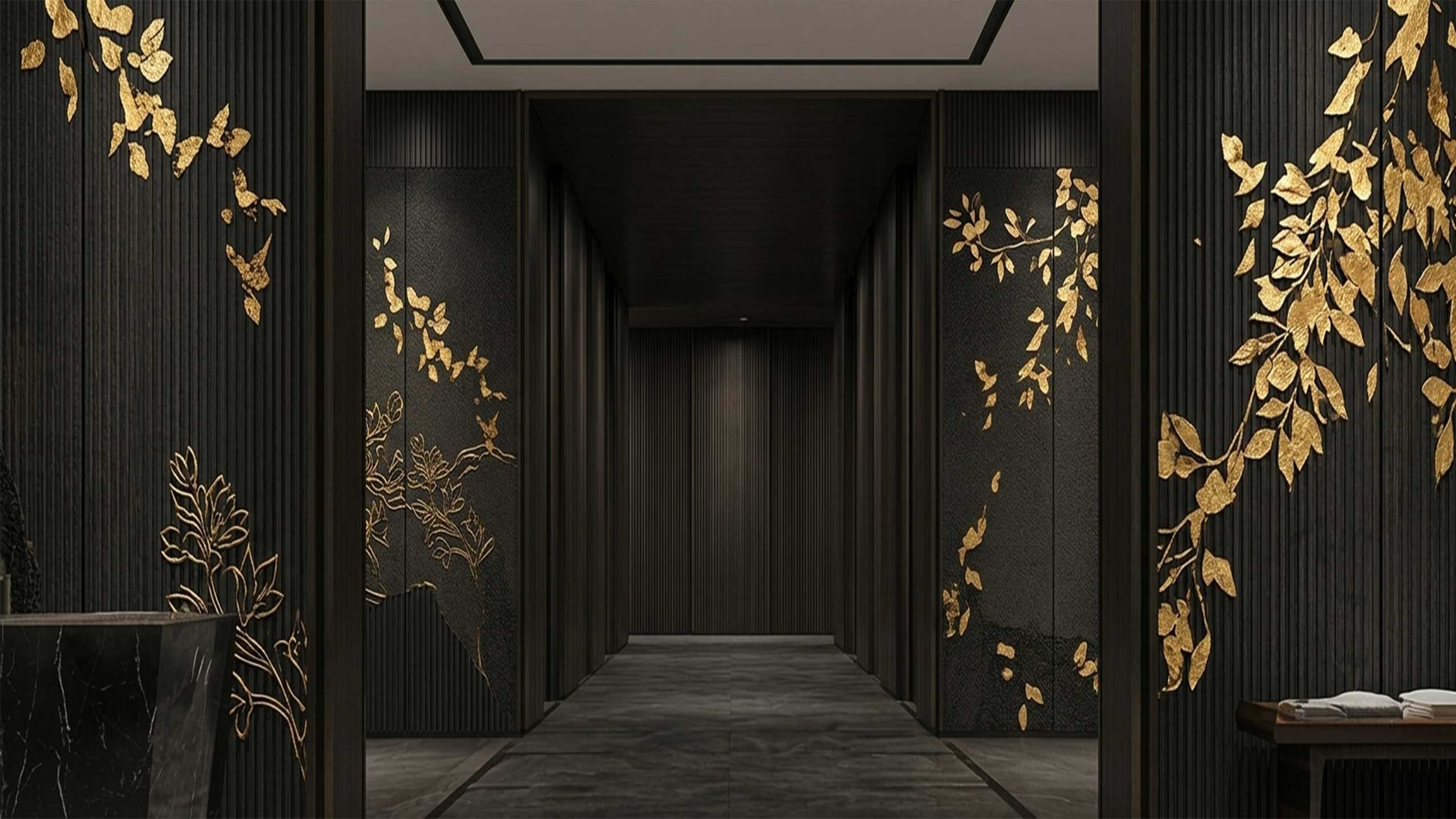 Hospitality Art Projects 1 Hospitality Art Projects - Rankincraft. Custom gold foil wall mural with elegant botanical patterns installed in a luxury hotel hallway, handcrafted by professional B2B art producers.