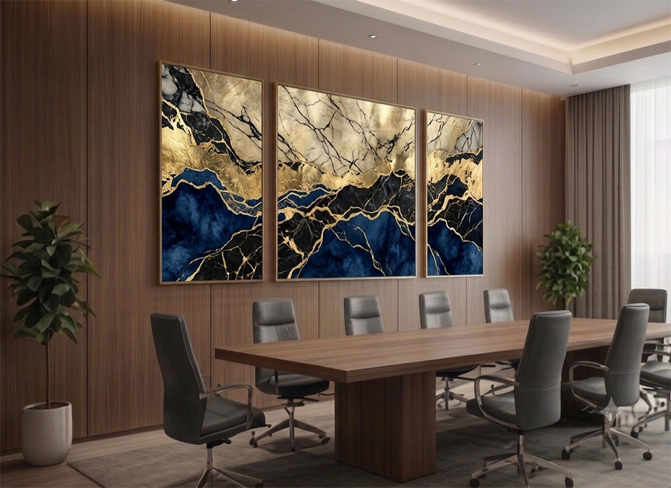 Commercial Interior Artworks 2 Large-scale white and gold marble wall mural behind a minimalist marble reception desk in a high-ceiling hotel lobby.