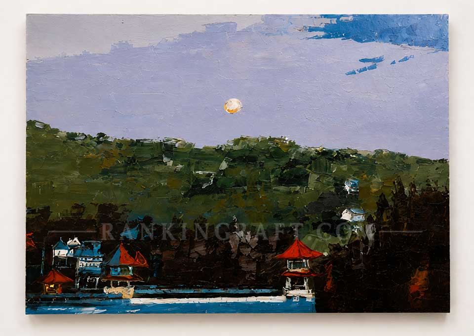 Luxury Bespoke Art: Large Palette Knife Landscape Painting for High-End Decor 6 Front view unframed canvas art featuring thick oil impasto dark green mountain, red pagoda, and full moon
