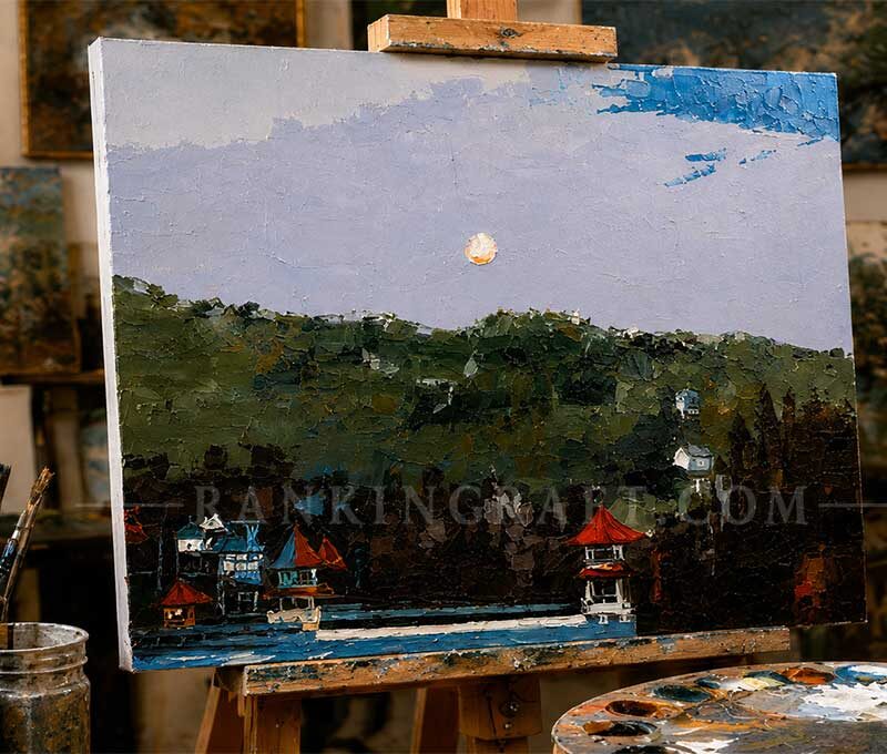 Artist easel displaying an in-progress thick oil texture landscape painting with palette, brushes, and studio setting