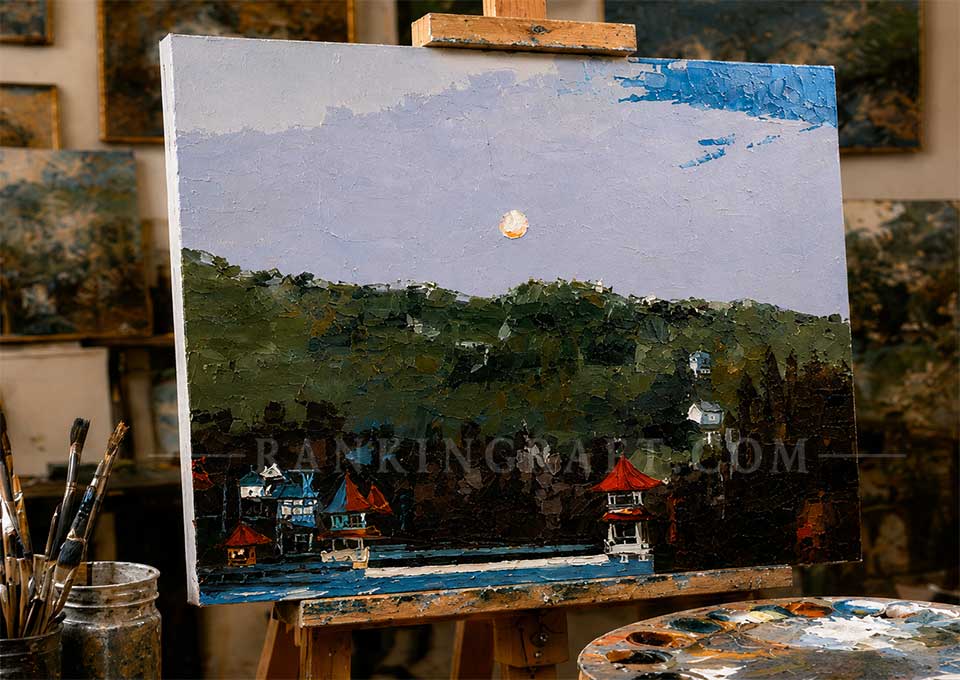 Artist easel displaying an in-progress thick oil texture landscape painting with palette, brushes, and studio setting
