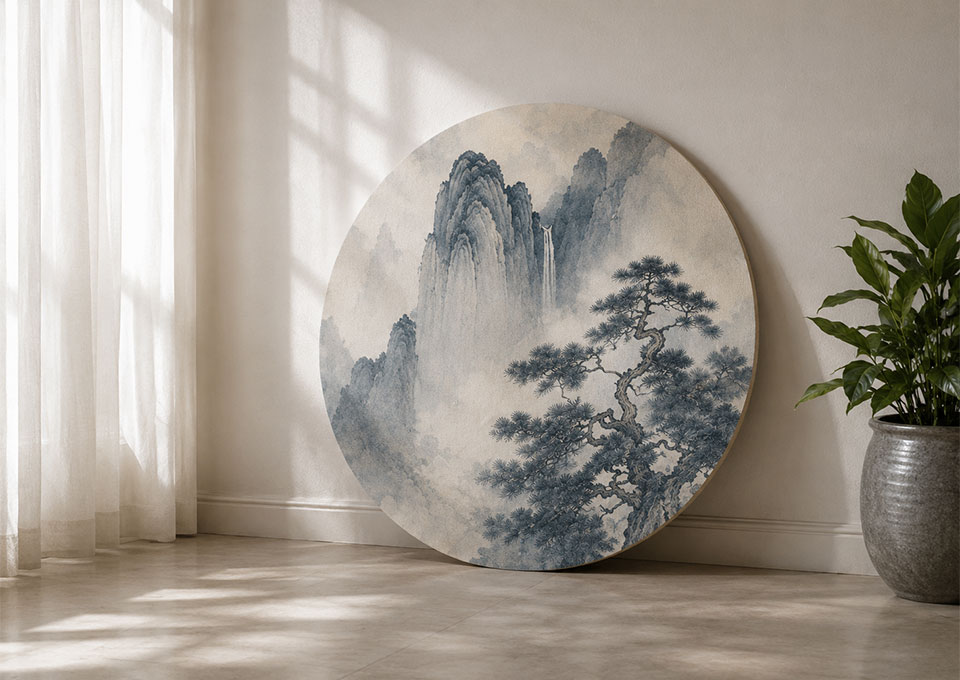 Hospitality Art Projects 7 Orthogonal direct scan of un-framed round Chinese landscape painting for design asset