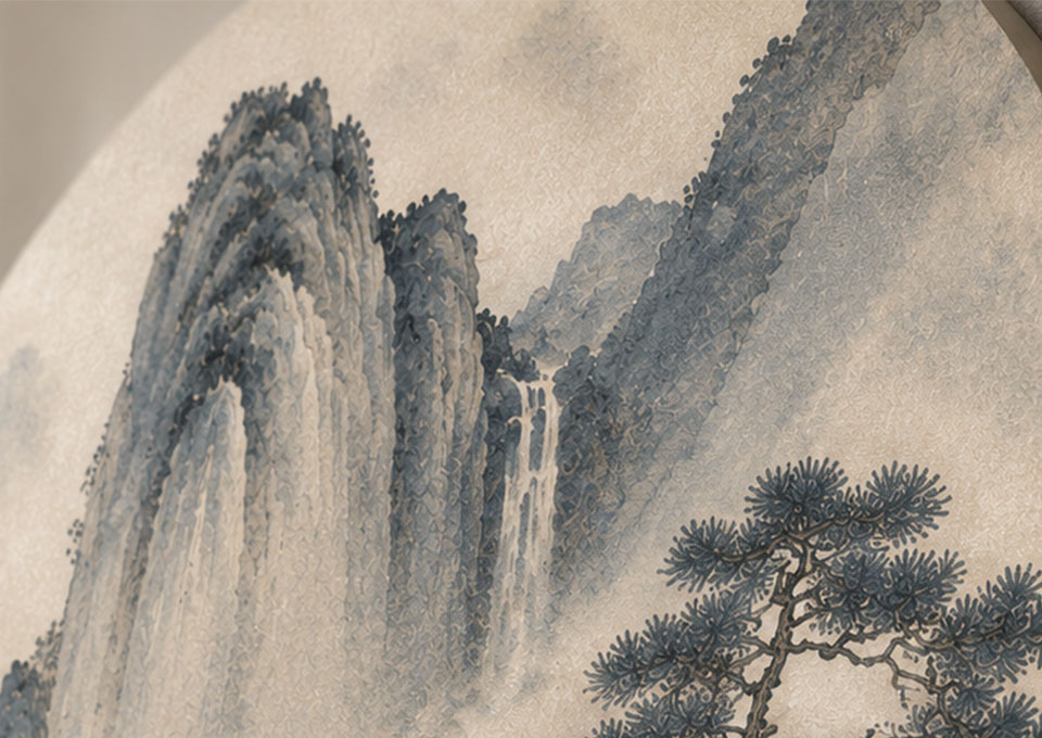 Macro detail of hand-painted pine trees and gold leaf seal on circular Chinese art