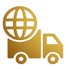 Commercial Interior Artworks 7 Gold logistics truck icon with globe representing Rankin Craft's secure global bulk shipping for international contract art clients.