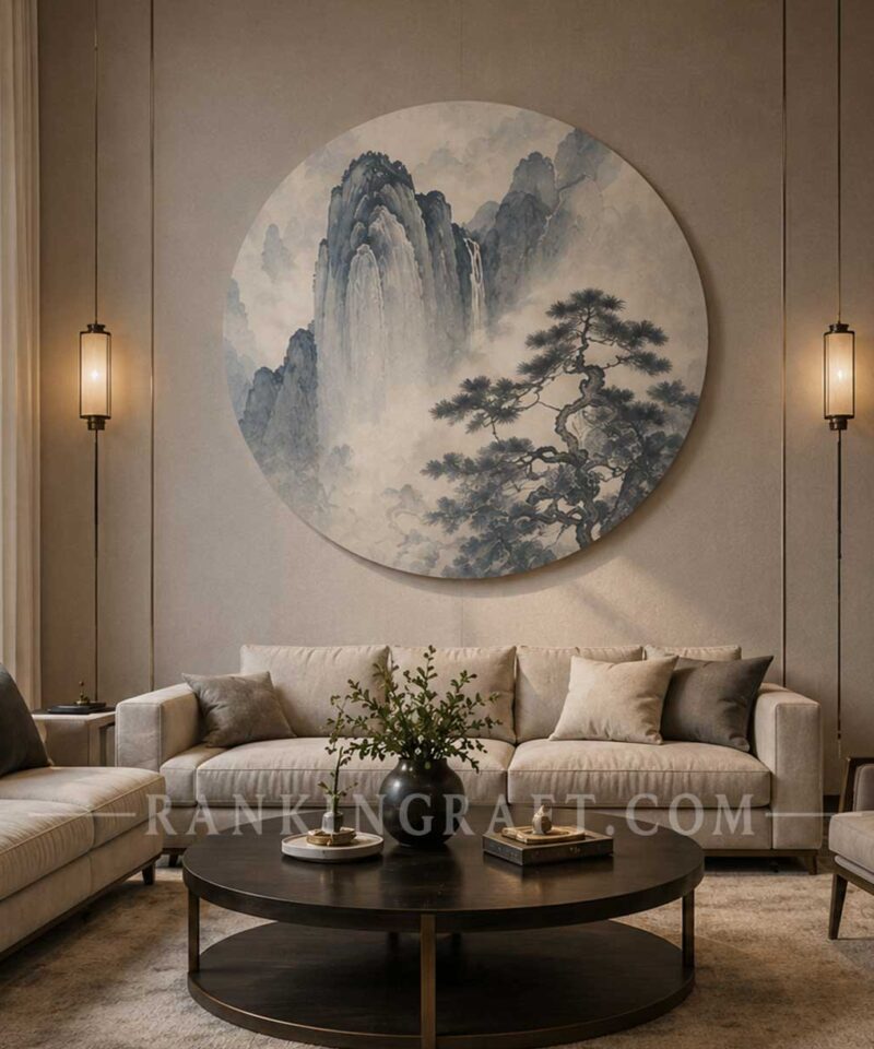 Oriental Serenity Custom Round Painting Large circular Chinese landscape painting with French antique finish in high-end living room