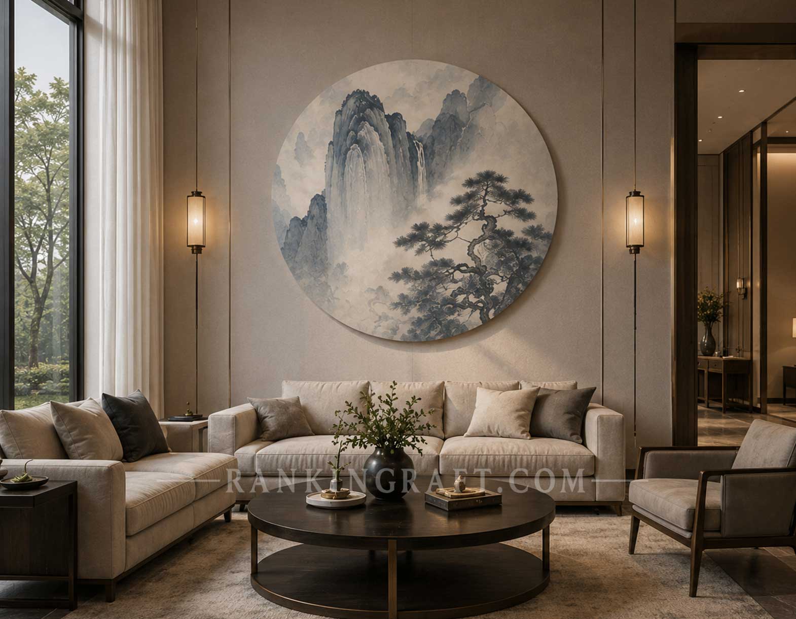 Oriental Serenity Custom Round Painting Large circular Chinese landscape painting with French antique finish in high-end living room