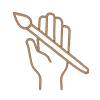 Transparent gold line icon of a hand holding an artist paintbrush, representing elite craftsmanship and gold leaf application.
