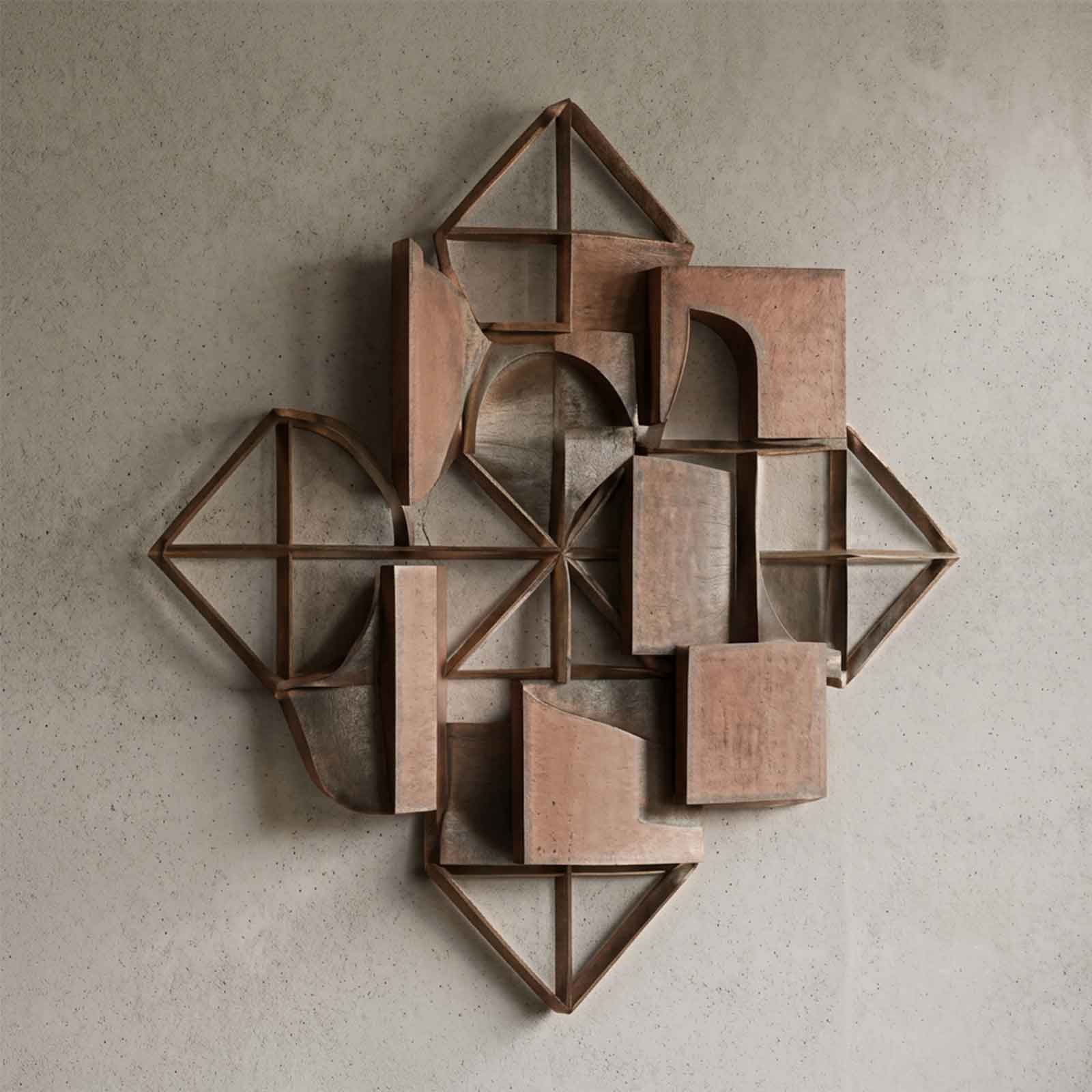 Hotel & Hospitality Art Realization 4 3D geometric wooden relief wall sculpture with intricate spatial layered design for high-end interior spaces