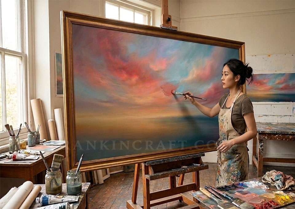 Ocean Horizon: Large-Scale Abstract Seascape 7 A professional female artist painting a large-scale abstract landscape oil painting on a large wooden easel in a bright, organized art studio.