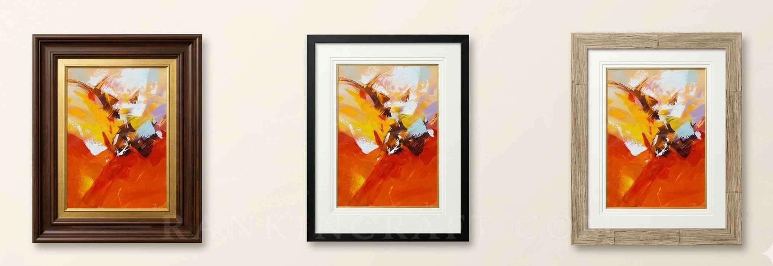 Lumina in Crimson – Gallery-Scale Abstract Impasto Painting 10 Three identical abstract artworks displayed side-by-side in dark wood, black, and light wood frames.