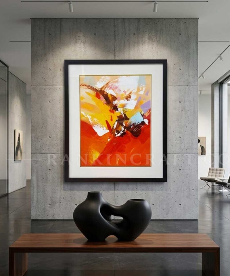 Framed vibrant orange abstract oil painting displayed in a modern art gallery space.