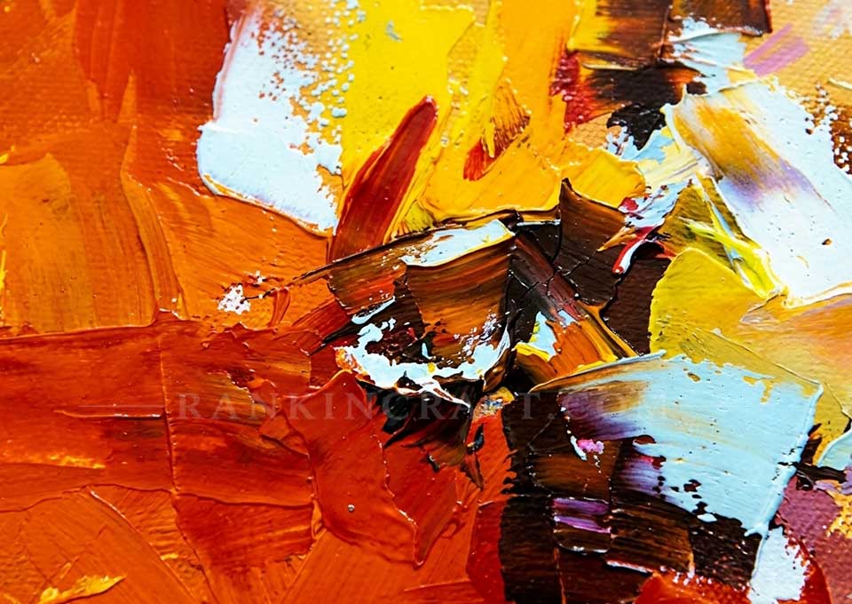 Lumina in Crimson – Gallery-Scale Abstract Impasto Painting 8 Close-up texture of abstract impasto oil painting with bold orange and yellow brushstrokes.
