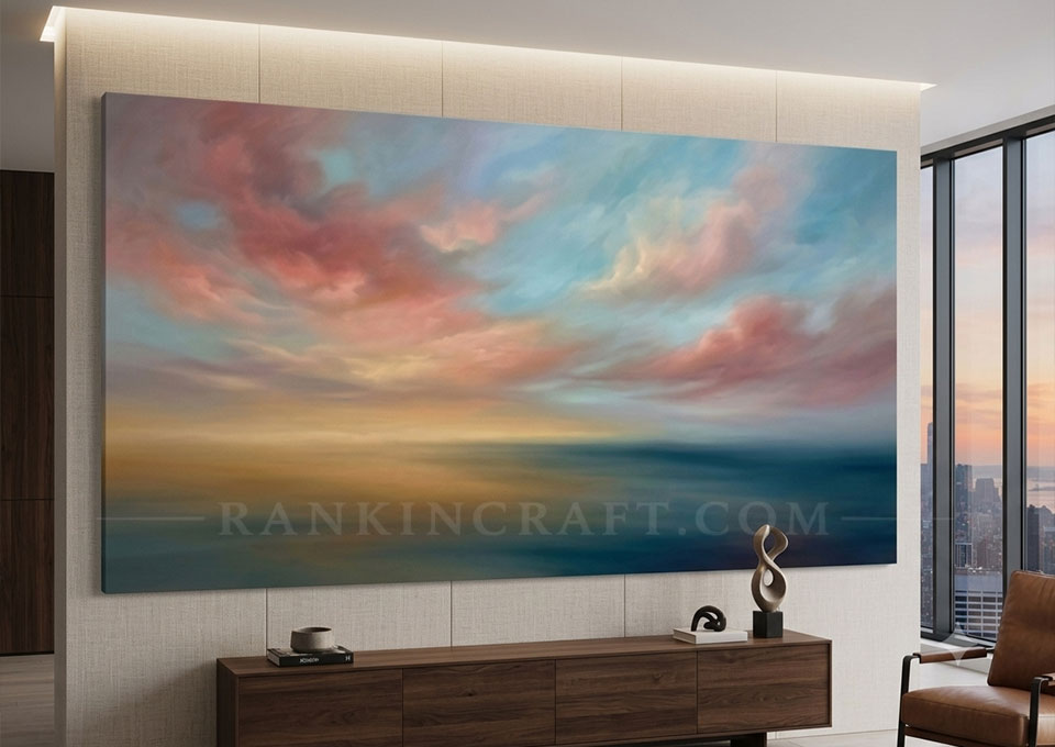 Ocean Horizon: Large-Scale Abstract Seascape 6 A photograph of a canvas-wrapped print of the abstract landscape painting viewed straight-on, showing the continuous image on the edges.