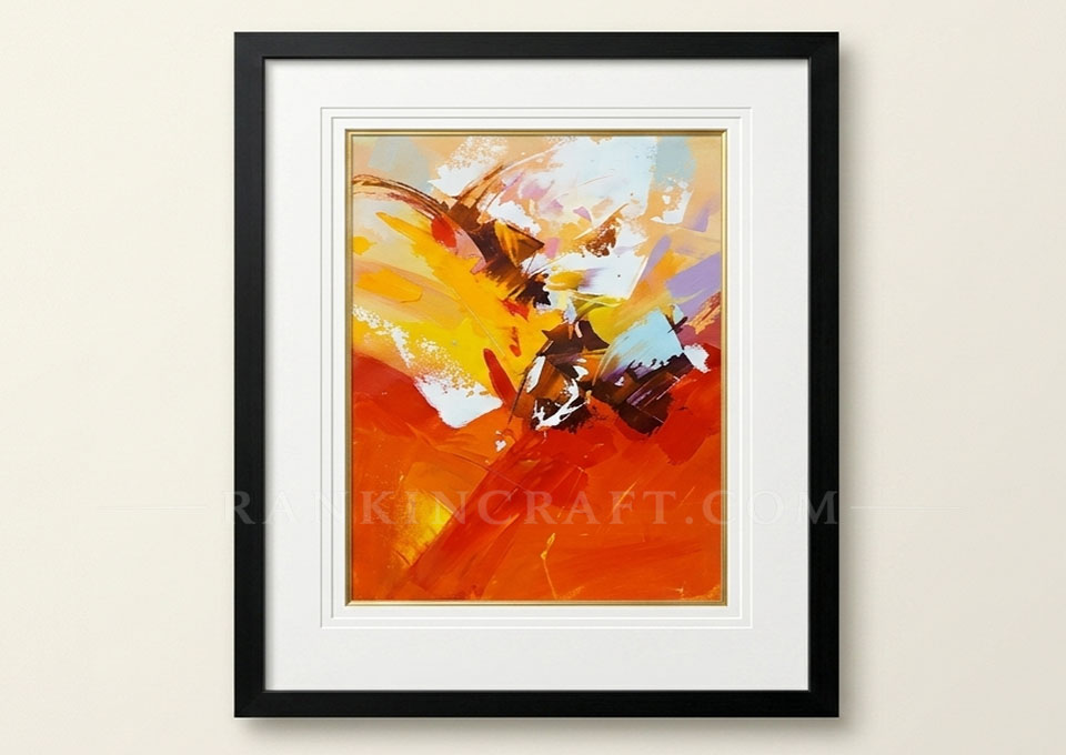 Lumina in Crimson – Gallery-Scale Abstract Impasto Painting 6 Vertical abstract artwork with vibrant orange and yellow tones in a black picture frame.