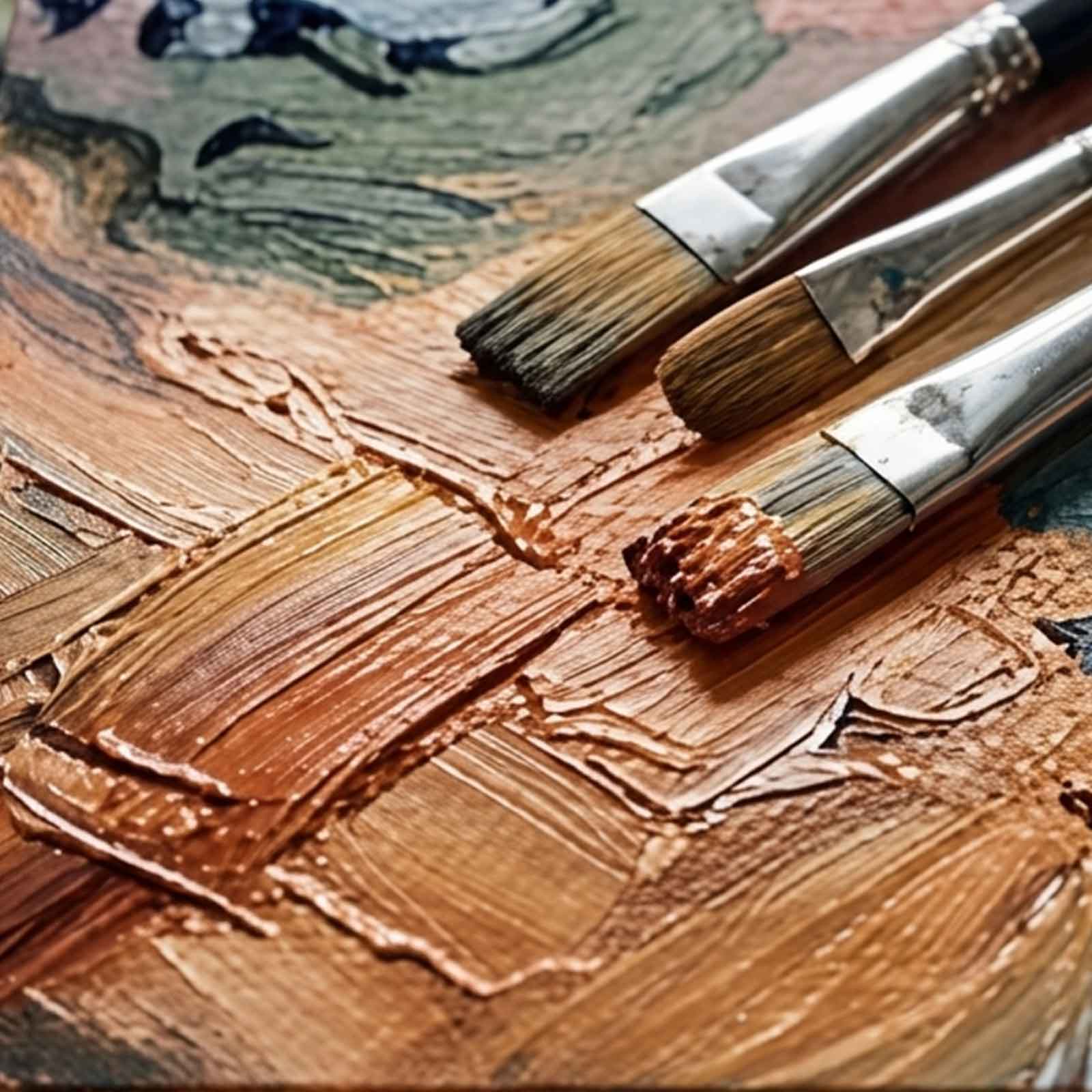 Hotel & Hospitality Art Realization 2 Bespoke Custom Hospitality Painting realization by RankinCraft. Artist studio palette knife and oil paint tools placed on a thick impasto textured artwork in progress
