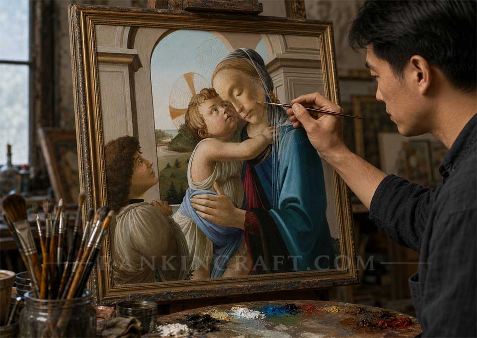 The Madonna and Child: Renaissance Style Artwork 7 Professional artist hand painting details of a classical Madonna and Child reproduction
