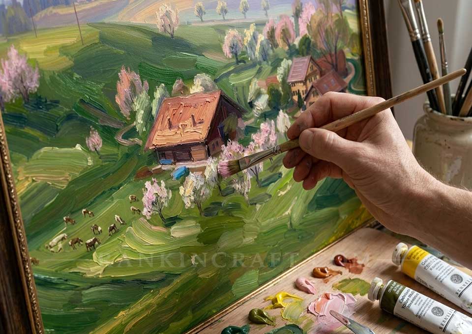 European Pastoral Landscape Painting: Hand-Painted Spring Canvas Art 7 Hand of artist painting landscape oil artwork with paintbrush palette and paint tubes