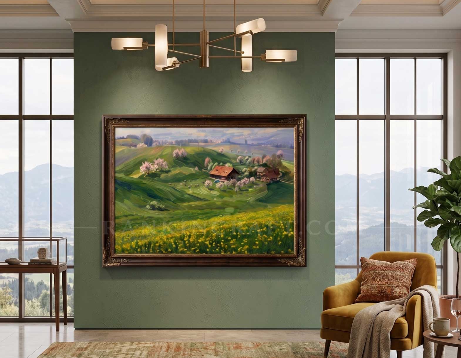 Hand-painted European pastoral landscape painting framed artwork