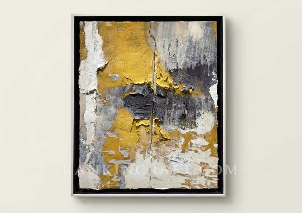 Framed textured abstract oil painting with yellow ochre, charcoal grey, and heavy impasto layers