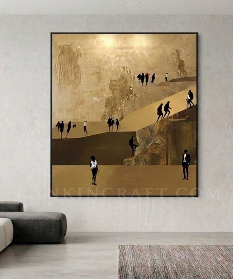 Large gold leaf abstract painting framed in modern living room mockup