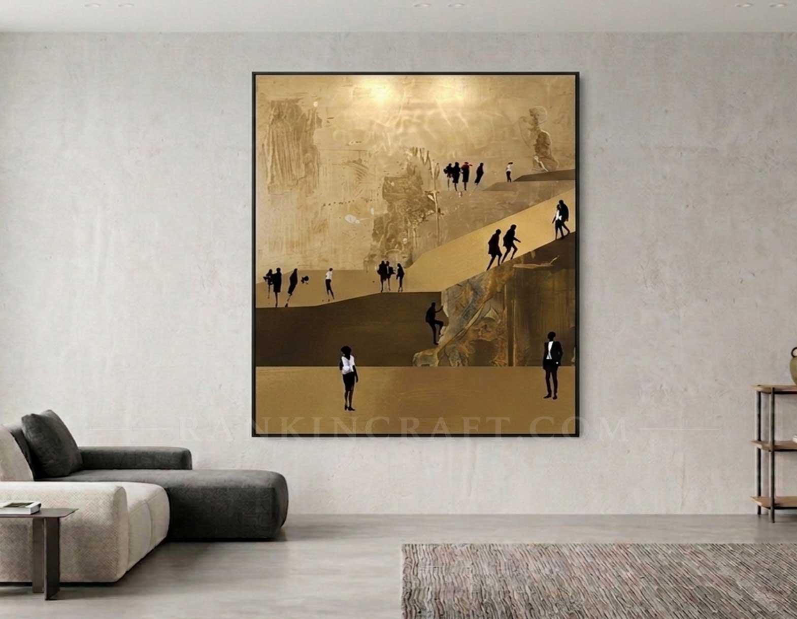 Large gold leaf abstract painting framed in modern living room mockup