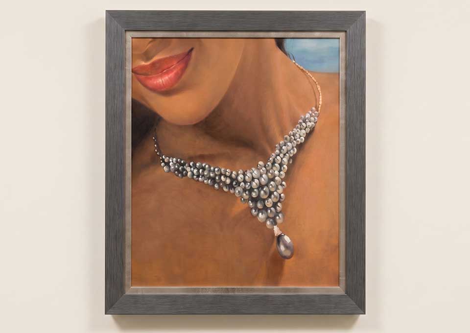 Front view of a framed oil painting depicting a portrait of a woman wearing a detailed Tahiti pearl necklace.