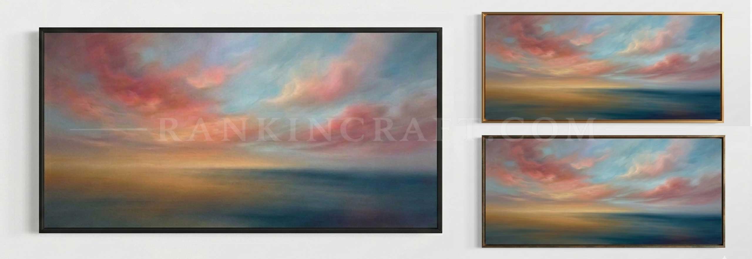 Ocean Horizon: Large-Scale Abstract Seascape 10 A composite image displaying three identical framed abstract landscape paintings side-by-side: left with a black frame, center with a gold frame, and right with a dark wood frame.