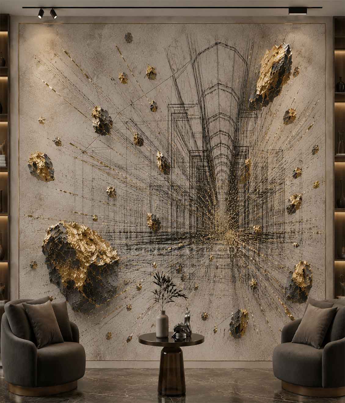 Grand-Scale Art & Wall Murals 11 Architectural wall art with gold leaf accents and 3D metallic elements