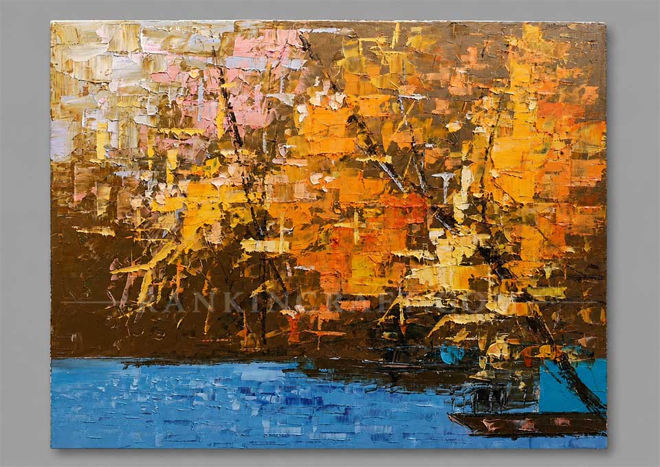 Golden Canopy abstract landscape artwork with layered yellow, orange and brown textures above vivid blue water.