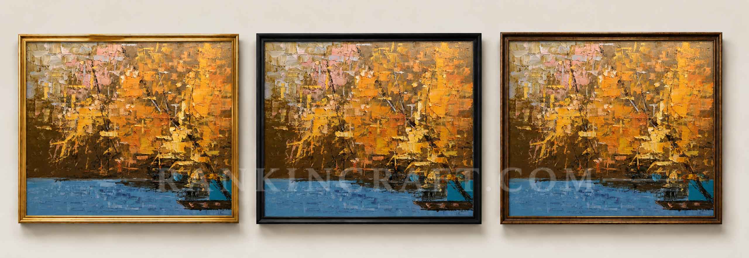 Golden Canopy artwork shown with gold, black and antique bronze frame options for interior art projects.