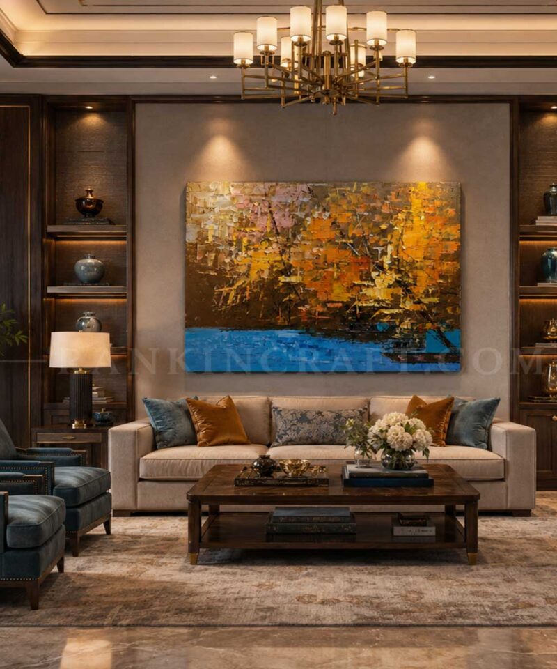 Contemporary landscape art with golden autumn foliage and blue water in a refined interior. Golden yellow and blue textured artwork displayed in an elegant contemporary living room with dark wood interiors.
