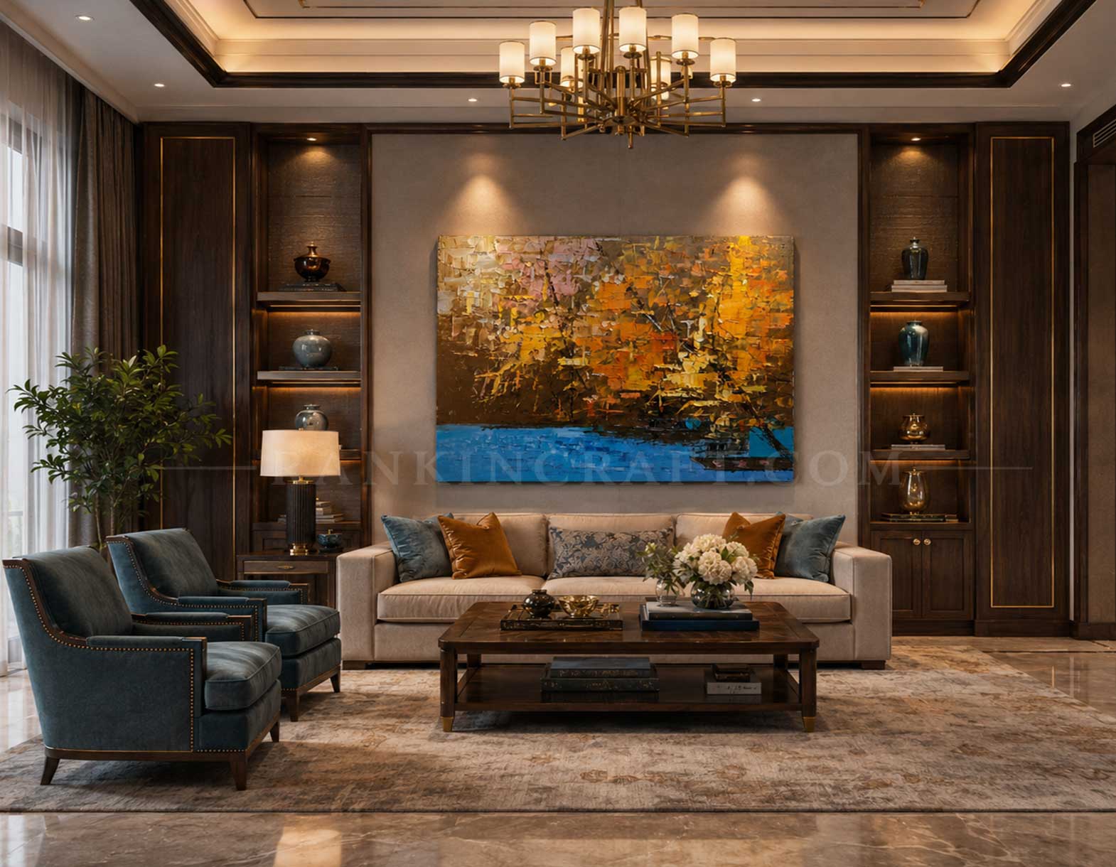 Contemporary landscape art with golden autumn foliage and blue water in a refined interior. Golden yellow and blue textured artwork displayed in an elegant contemporary living room with dark wood interiors.