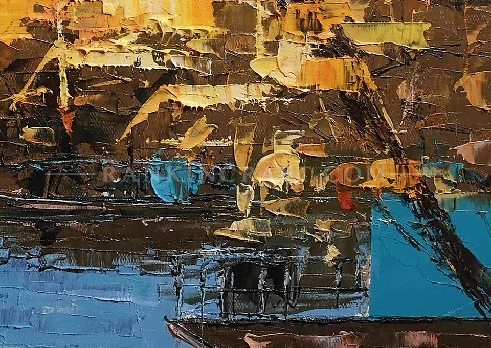 Close-up detail of Golden Canopy showing layered golden texture, dark linear marks and blue water with a small boat form.