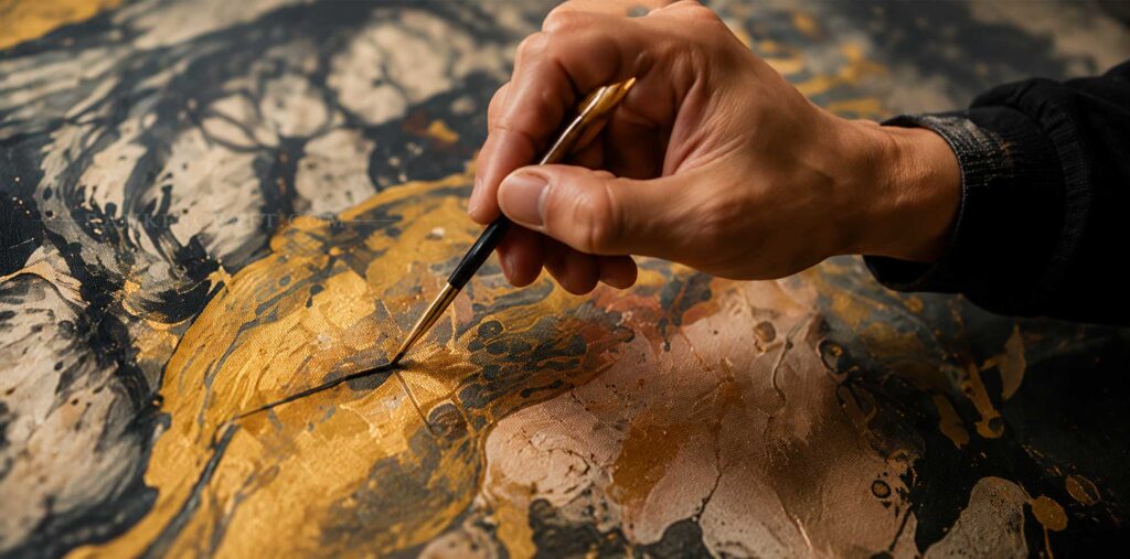 Restaurant & Commercial Projects 20 Master artist applying gold leaf gilding and heavy texture paint detailing on custom wall mural