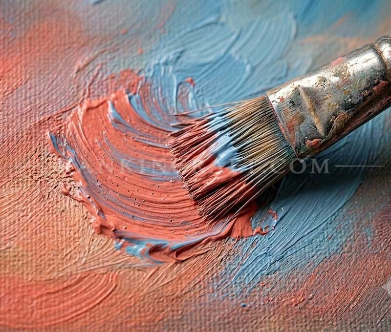 A detailed close-up shot of the thick, textured impasto oil paint on a canvas, showing palette knife strokes of pink, blue, and gold colors.