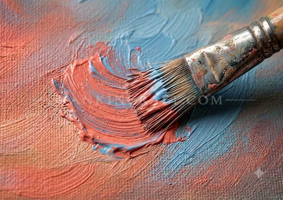 A detailed close-up shot of the thick, textured impasto oil paint on a canvas, showing palette knife strokes of pink, blue, and gold colors.