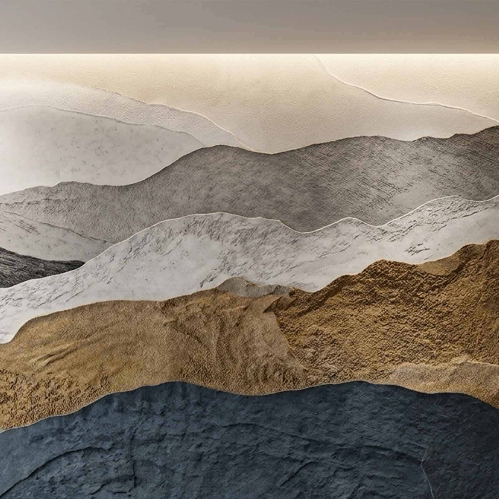 Hotel & Hospitality Art Realization 3 Large scale impasto abstract mountain mural with heavy texture and gold leaf foil in a modern interior setting