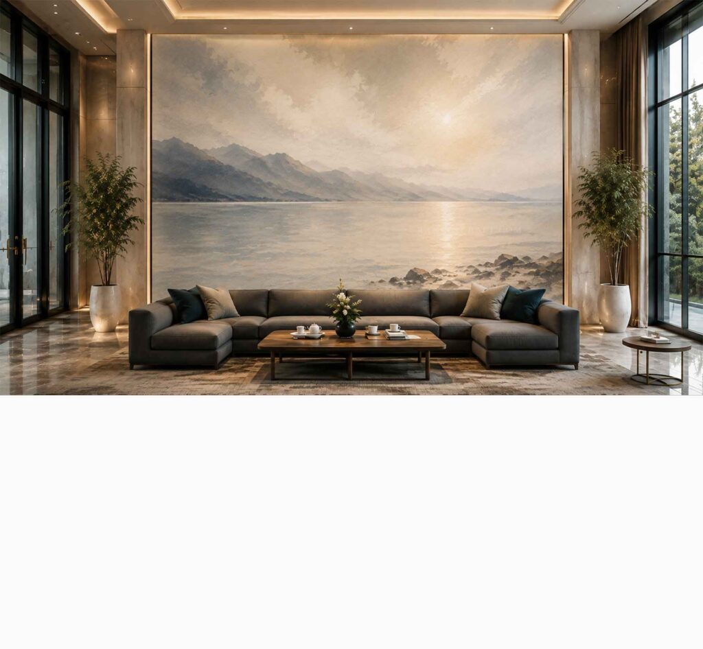 Grand-Scale Art & Wall Murals 2 Seamless large format single-piece landscape oil painting canvas system on high-ceiling feature wall