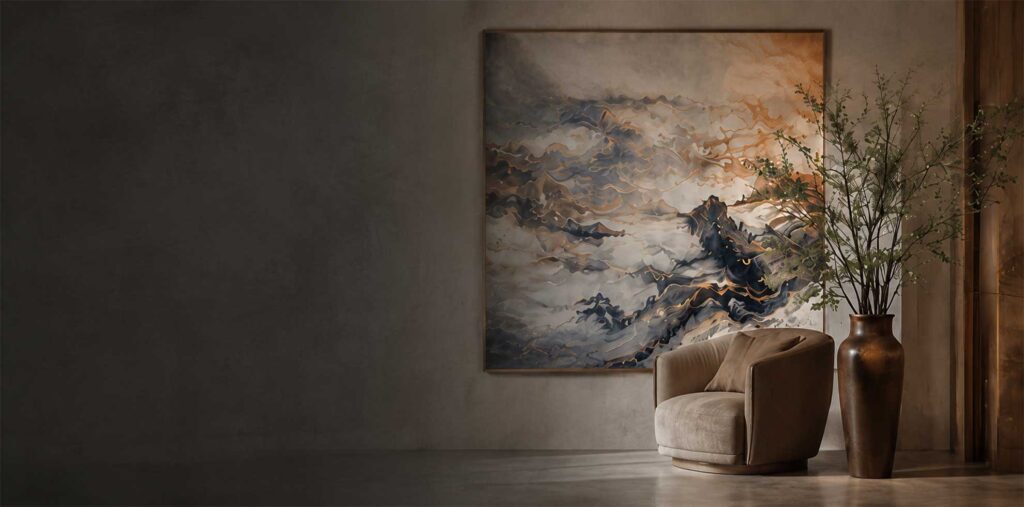 Restaurant & Commercial Projects 21 Large format bespoke abstract wall artwork with gold leaf detailing installed in luxury hospitality lounge interior