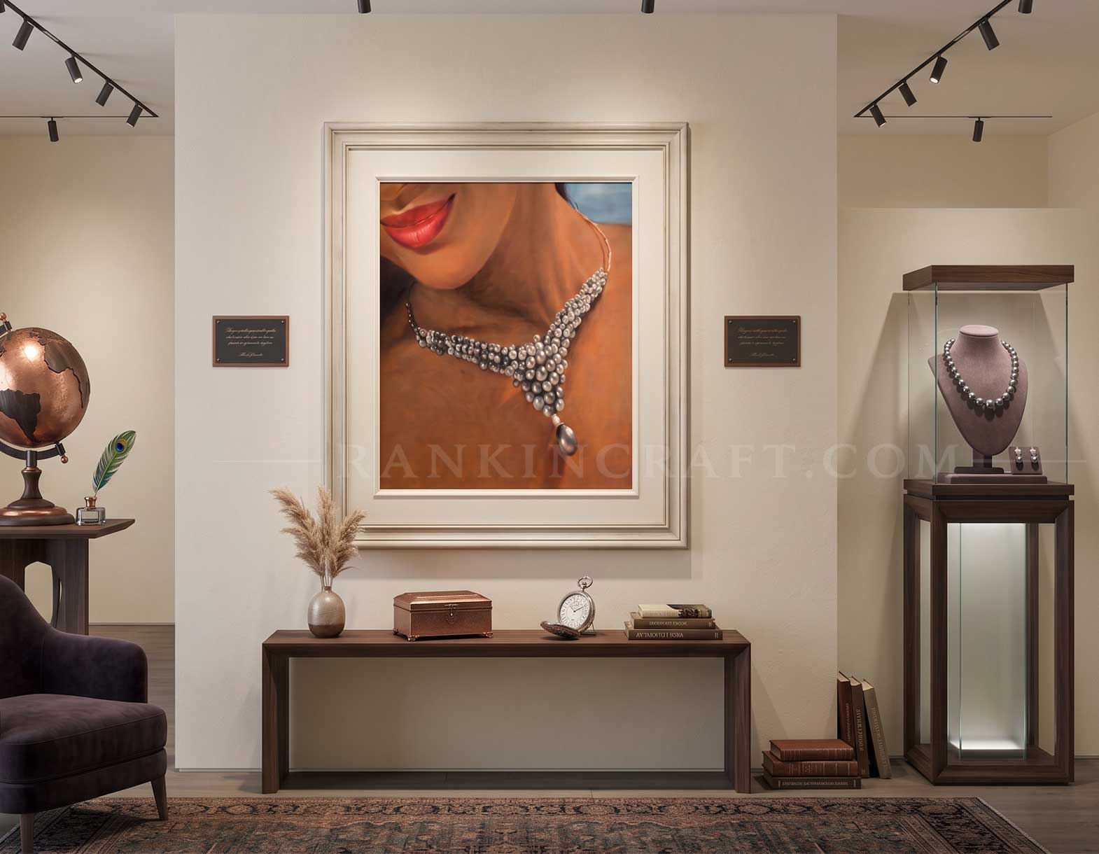 Hyperrealistic Figurative Art-Radiance in Pearls for Luxury Wall Decor. Luxury gallery interior displaying a framed oil painting of a woman wearing an exquisite pearl necklace, set in an elegant showroom environment.