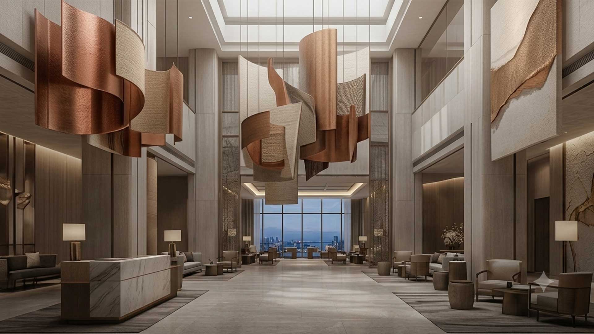 Hotel & Hospitality Art Realization 1 Hotel & Hospitality Art Realization lobby lounge featuring large suspended copper sculptural installations and custom wall art murals