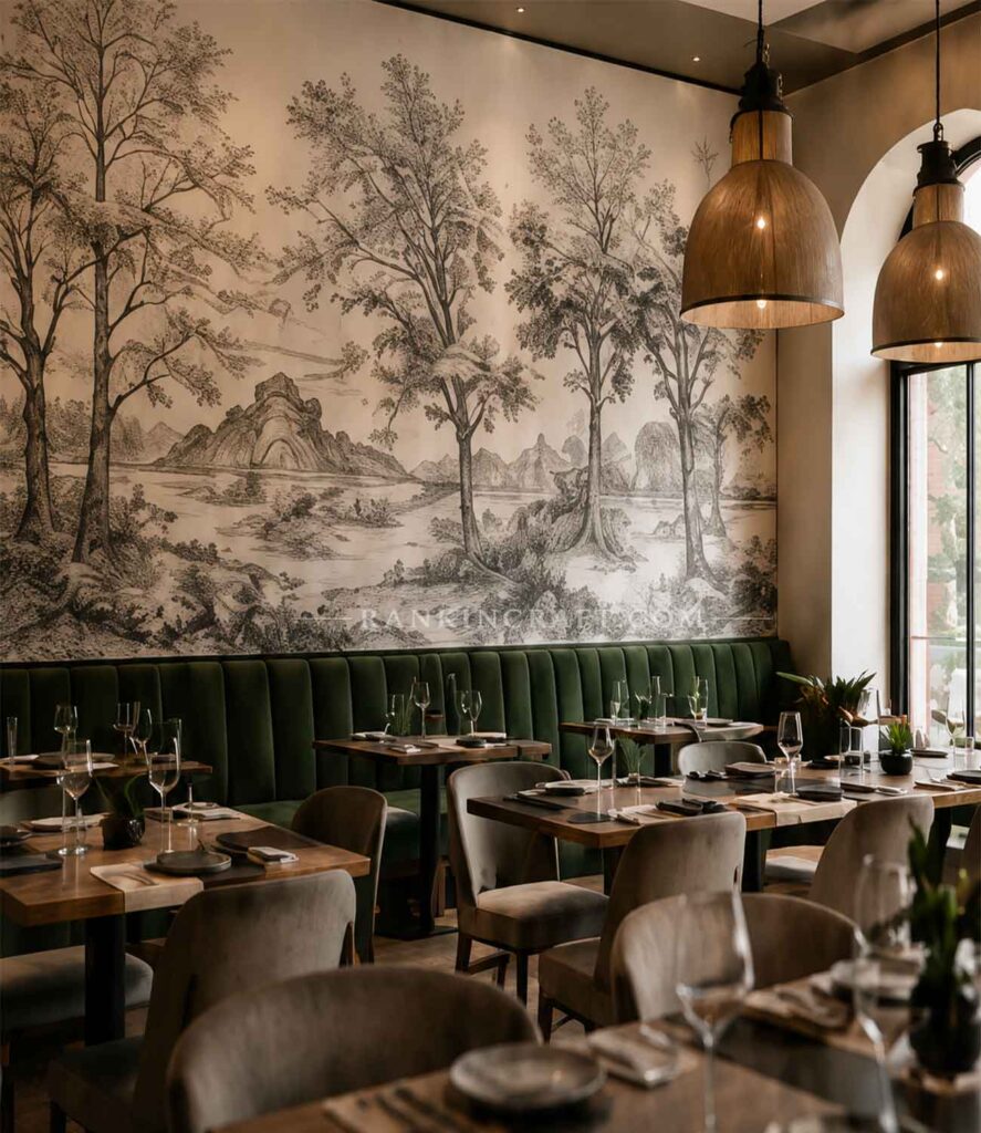 Restaurant & Commercial Projects 5 Custom hand-painted architectural wall mural integrated into luxury restaurant dining room interior design