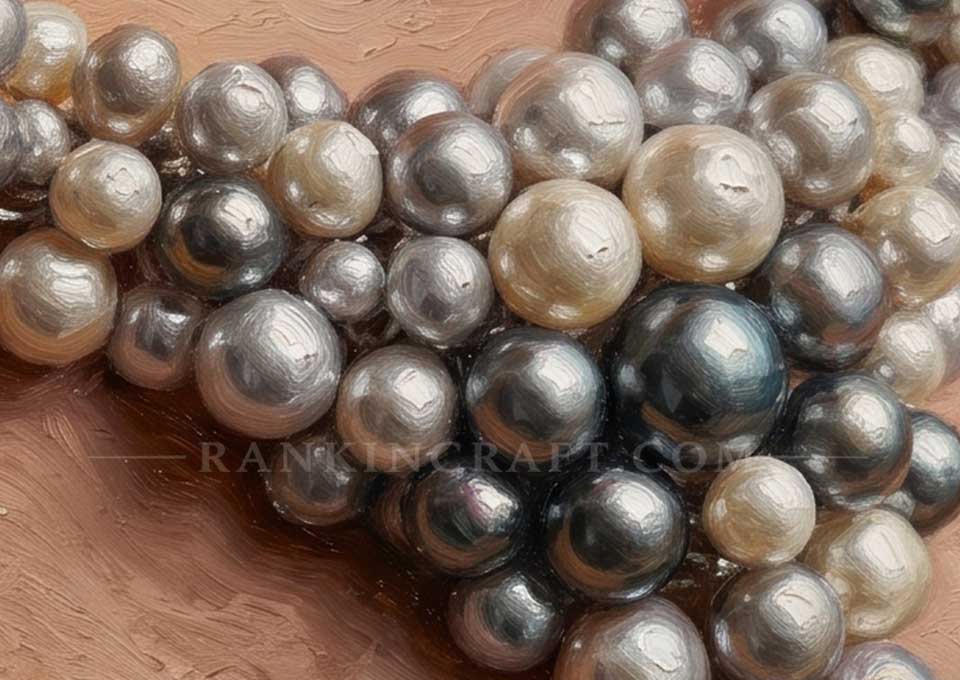 Macro extreme close-up view showing photorealistic texture, sheen, and metallic reflections of luster pearls in oil painting.