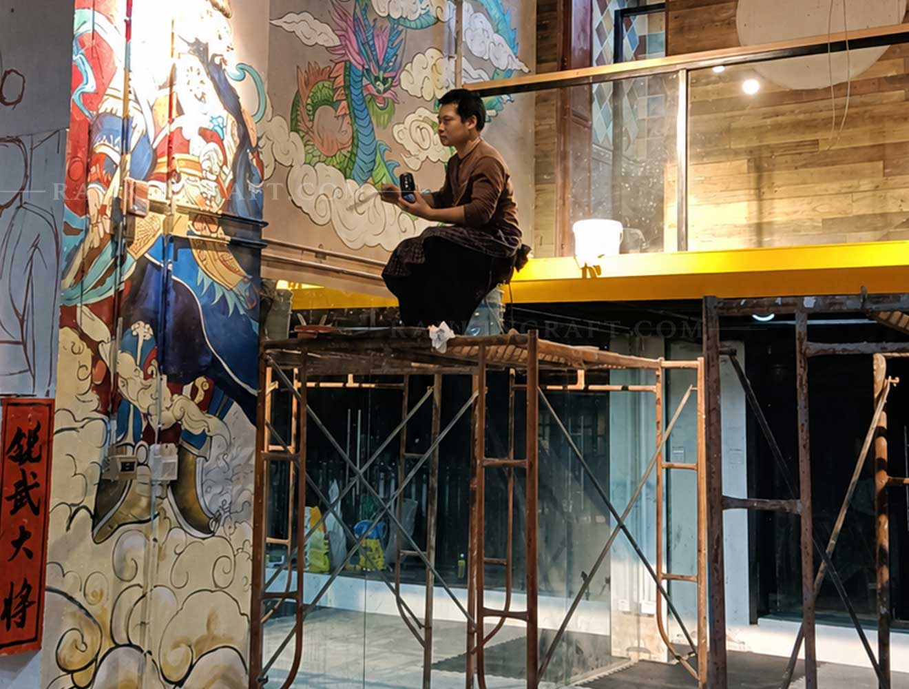 Restaurant & Commercial Projects 9 Professional master artist painting large-scale custom wall mural on-site using scaffolding for luxury restaurant project