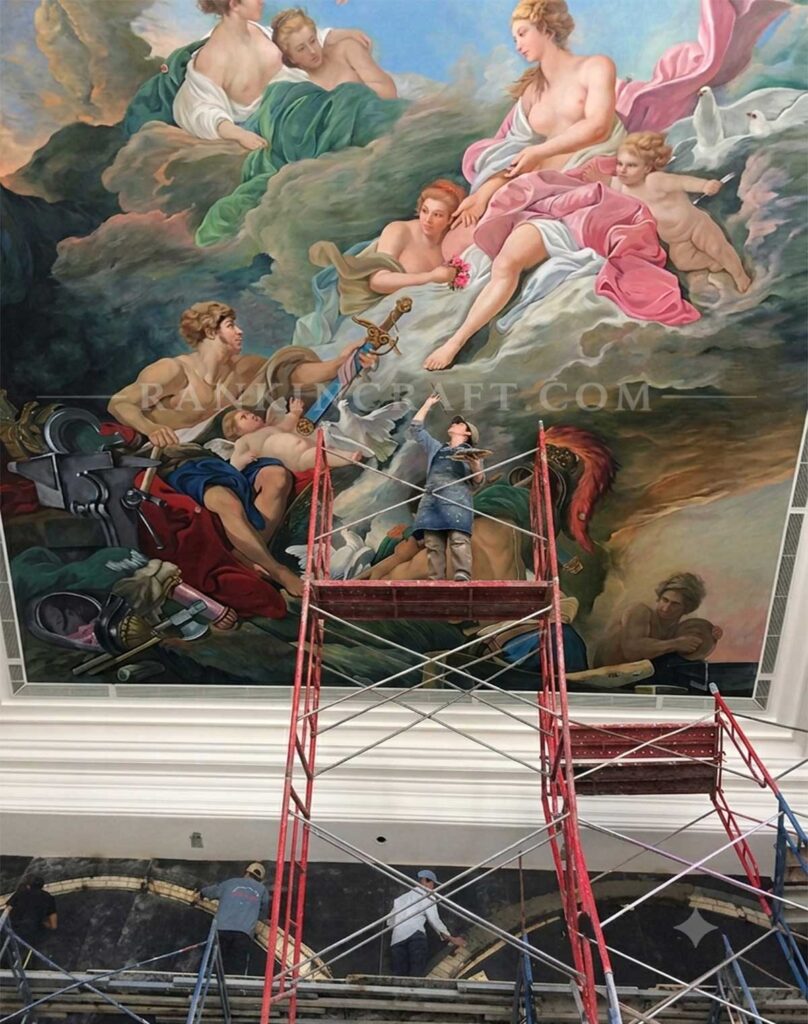 Hospitality Art Projects 9 Artist standing on scaffolding painting a grand-scale classic European ceiling fresco on-site for a luxury commercial project.