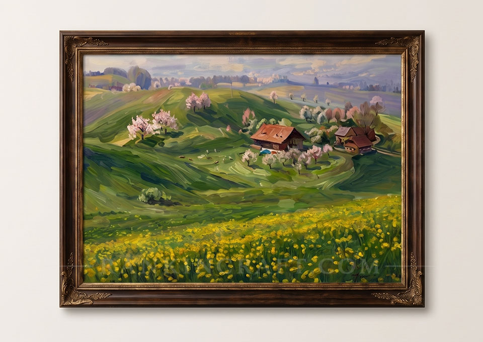 European Pastoral Landscape Painting: Hand-Painted Spring Canvas Art 6 Framed countryside oil painting displayed on a minimalist cream white interior wall