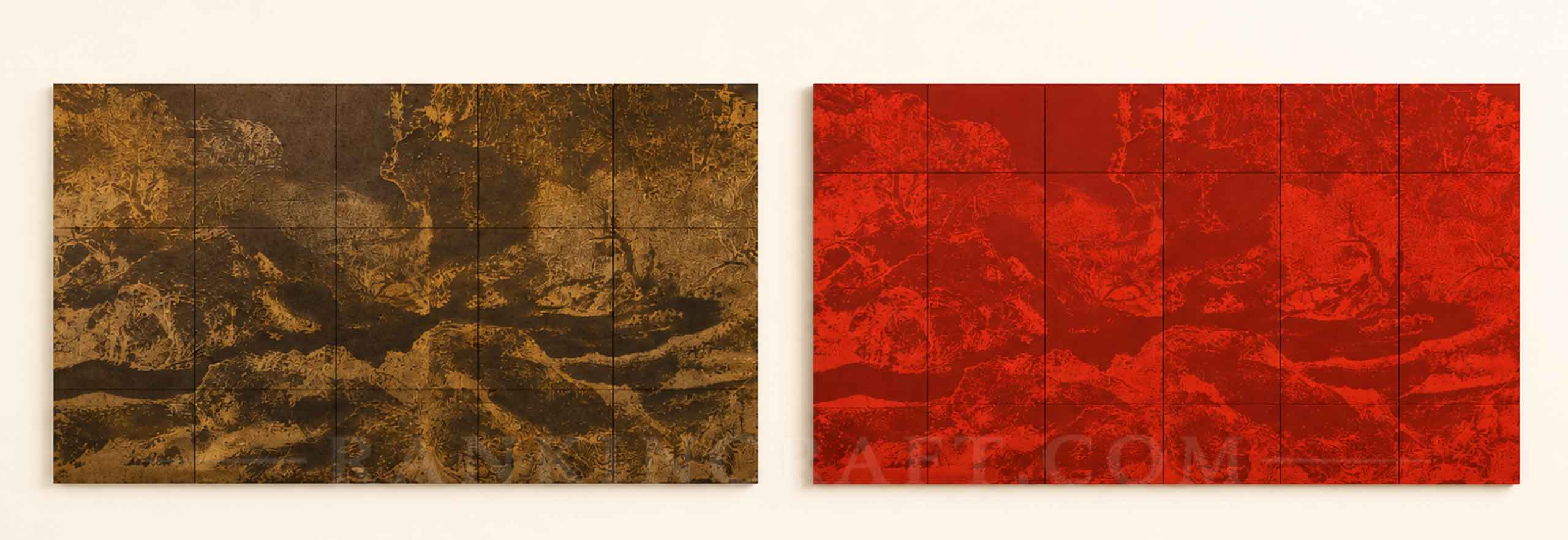 Mountain Resonance: Large-Scale 3D Chinese Landscape Wall Art 10 Brown gold and red color variations of a large-scale textured multi-panel mural artwork.