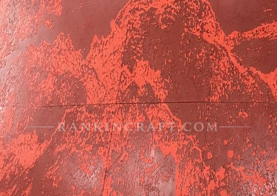 Mountain Resonance: Large-Scale 3D Chinese Landscape Wall Art 8 Close-up detail of a red textured multi-panel mural with layered landscape-inspired surface patterns.